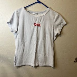 White croptop with Baby (red) written